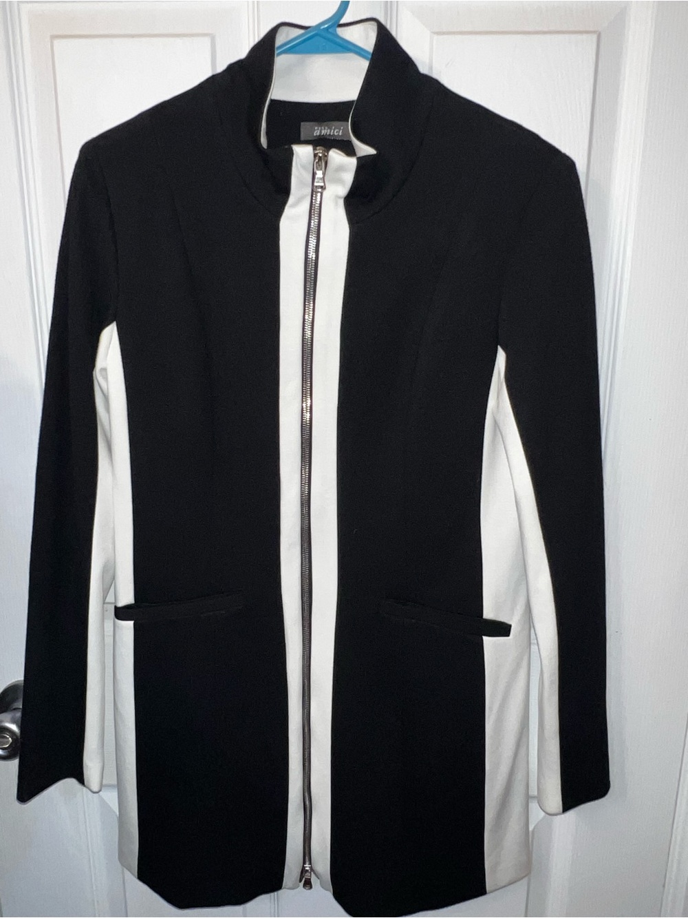 PURE amici Womens Colorblock Zip Up Jacket XS Black White Mock Neck Coat Blazer